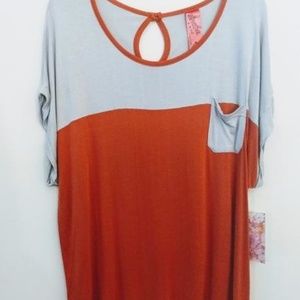 Orange/Gray Color Block Cuffed Cap Sleeve Top with Peek-a-Boo Back Opening